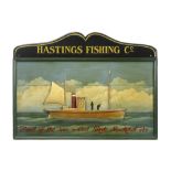 English vintage "Hastings fishing Company" publicity board in painted wood||Engels vintage