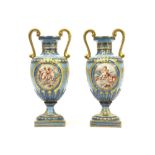 pair of neoclassical vases in marked porcelain||Paar twee-armige neoclassicistische vazen in gemerkt