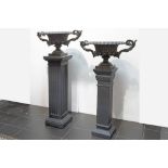 pair of garden urns in cast iron - each on a pedestal||Paar tuinurnes met grepen in gietijzer -