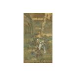 Chinese painting on canvas depicting a noble lady in palanquin with market vendors||Chinese