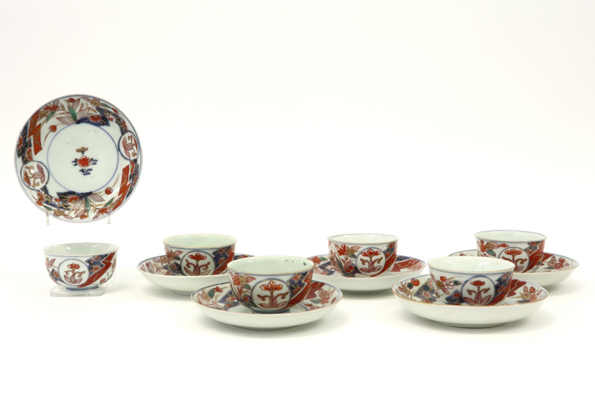 series of six Japanese maybe 18th Cent. sets of cup and saucer in porcelain with Imari decor||