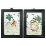 pair of Chinese marked porcelain panels each with a polychrome painting with an erotic theme||Paar