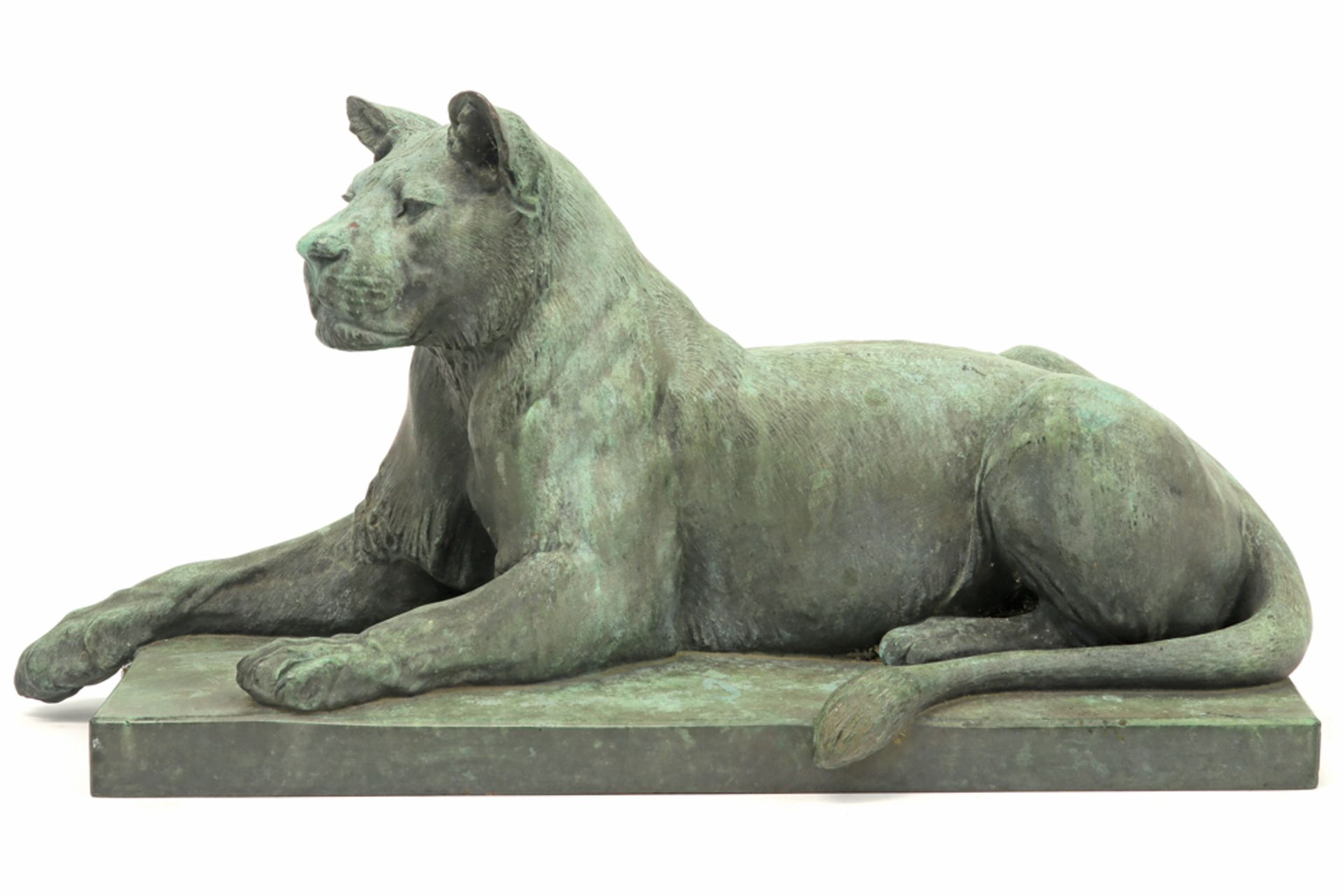 antique "Lioness" sculpture in bronze with a light blue patina signed Julius Heinrich Haehnel||