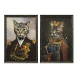 pair of prints on canvas each with the portrait of a cat in a historical costume||Paar prints op
