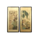 two Chinese paintings||Twee ingekaderde Chinese schilderingen : "Vogels tussen bloemen" en "Twee