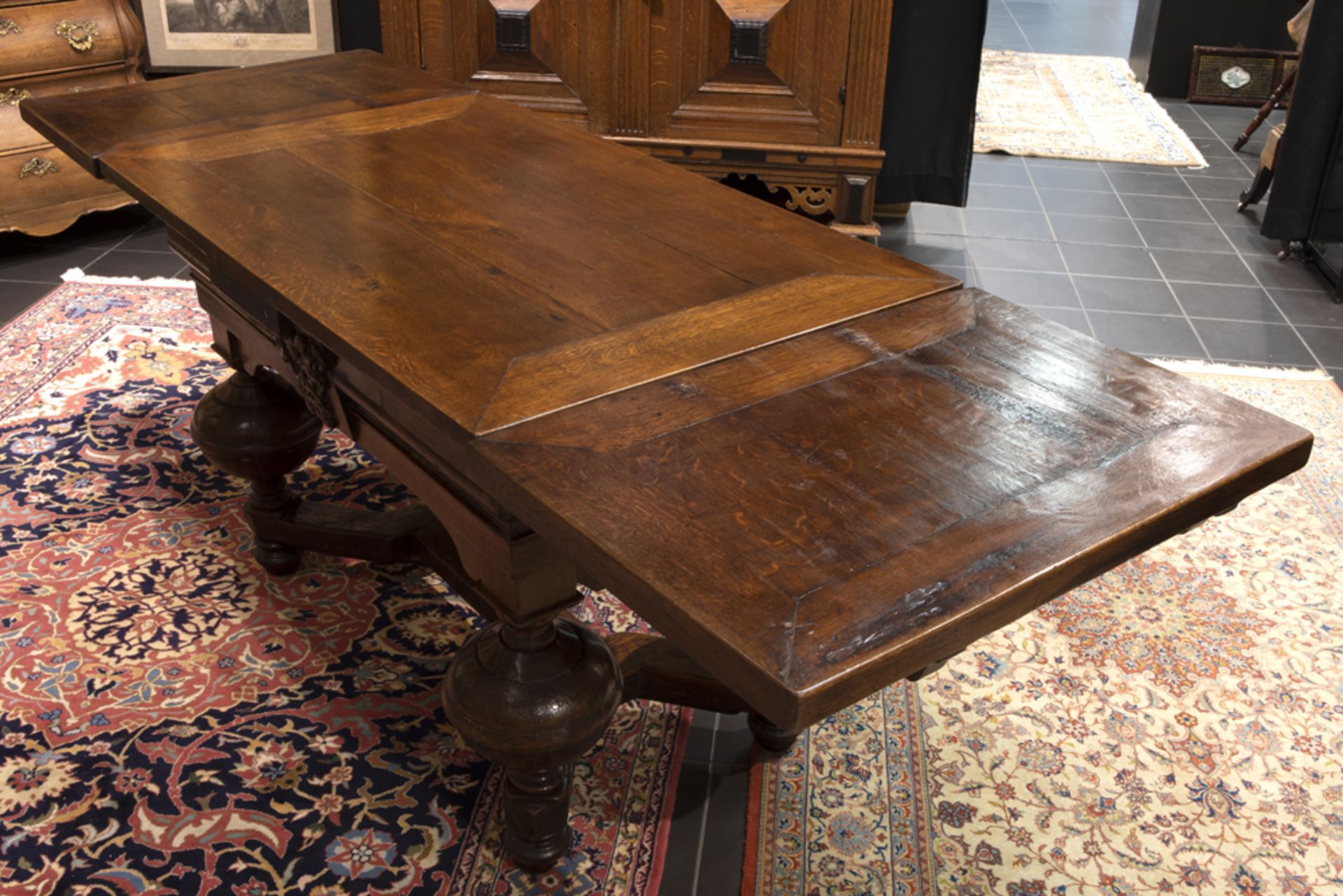 very good 17th Cent. Low Countries oak table with typical feet and with on both sides a walnut bas- - Image 3 of 3