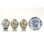 three 18th Cent. vases in marked ceramic from Delft and small plate with a blue-white decor||Lot (4)