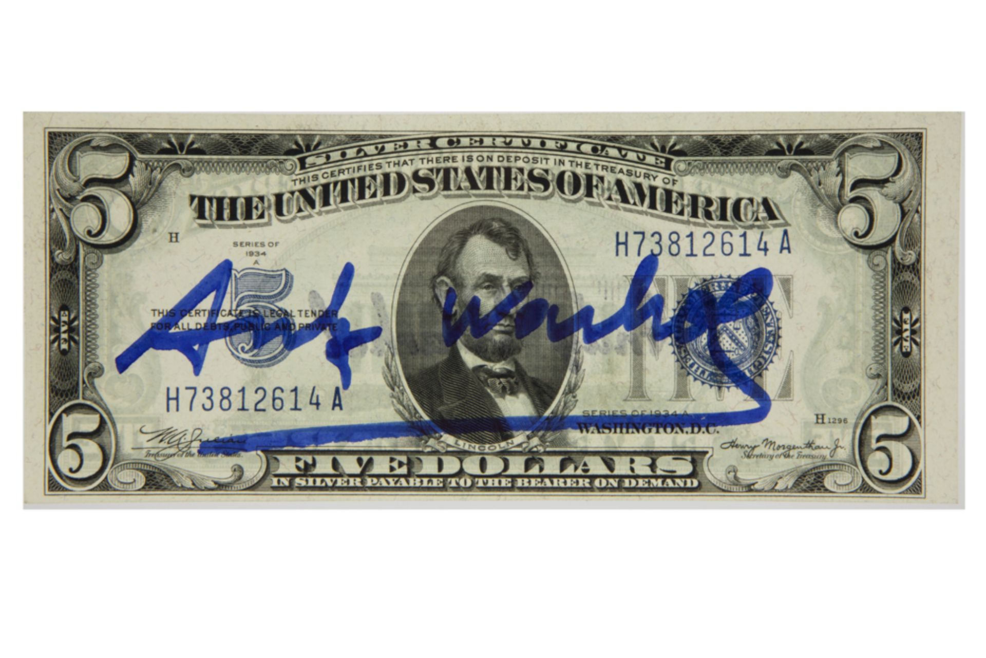 Andy Warhol handsigned Two Dollar banknote (series of 1834 with A. Lincoln) with a signature stamp