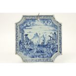 18th Cent. square tile in ceramic from Delft with a quite exceptional blue-white painting with a