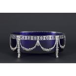 Dutch neoclassical oval centerpiece in blue glass with a mounting in marked silver||ZAANLANDSE