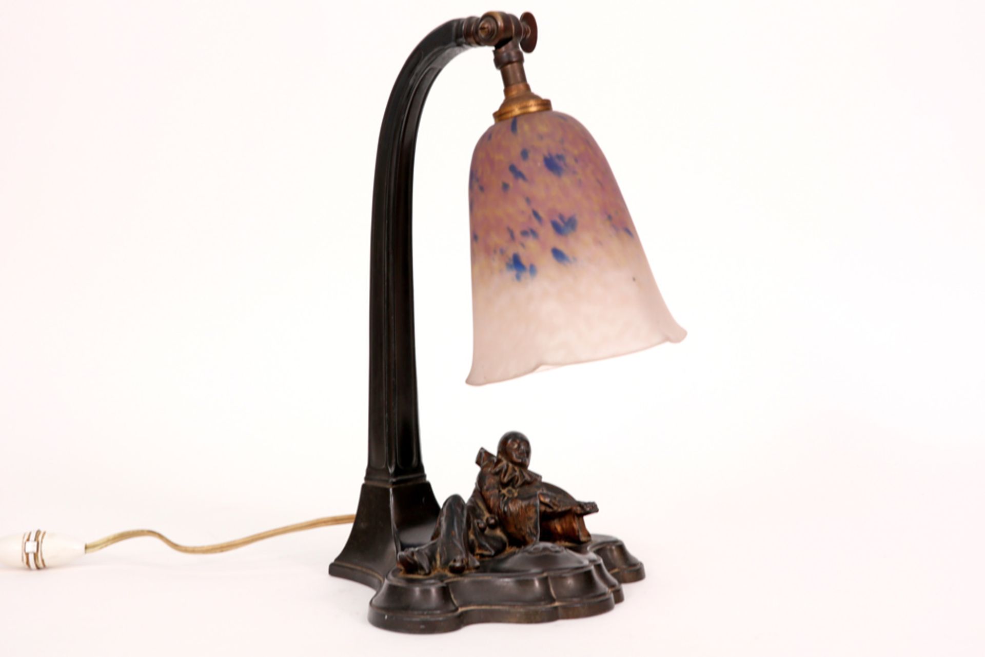 French Schneider signed Art Deco-lamp with marked base with a Pierrot and with shade in pâte de