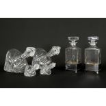 several decanters in clear glass, two with a silverplated mounting||Lot (6) karaffen in kleurloos