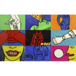 nine Pop Art compositions framed together, one signed Bruneau and dated (19)96||BRUNEAU (° 1957)