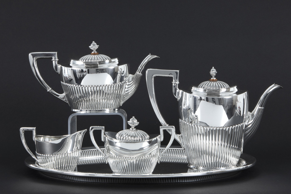 German neoclassical 4pc coffee and tea-set on its oval tray in Wilhelm Binder signed and marked - Bild 2 aus 3