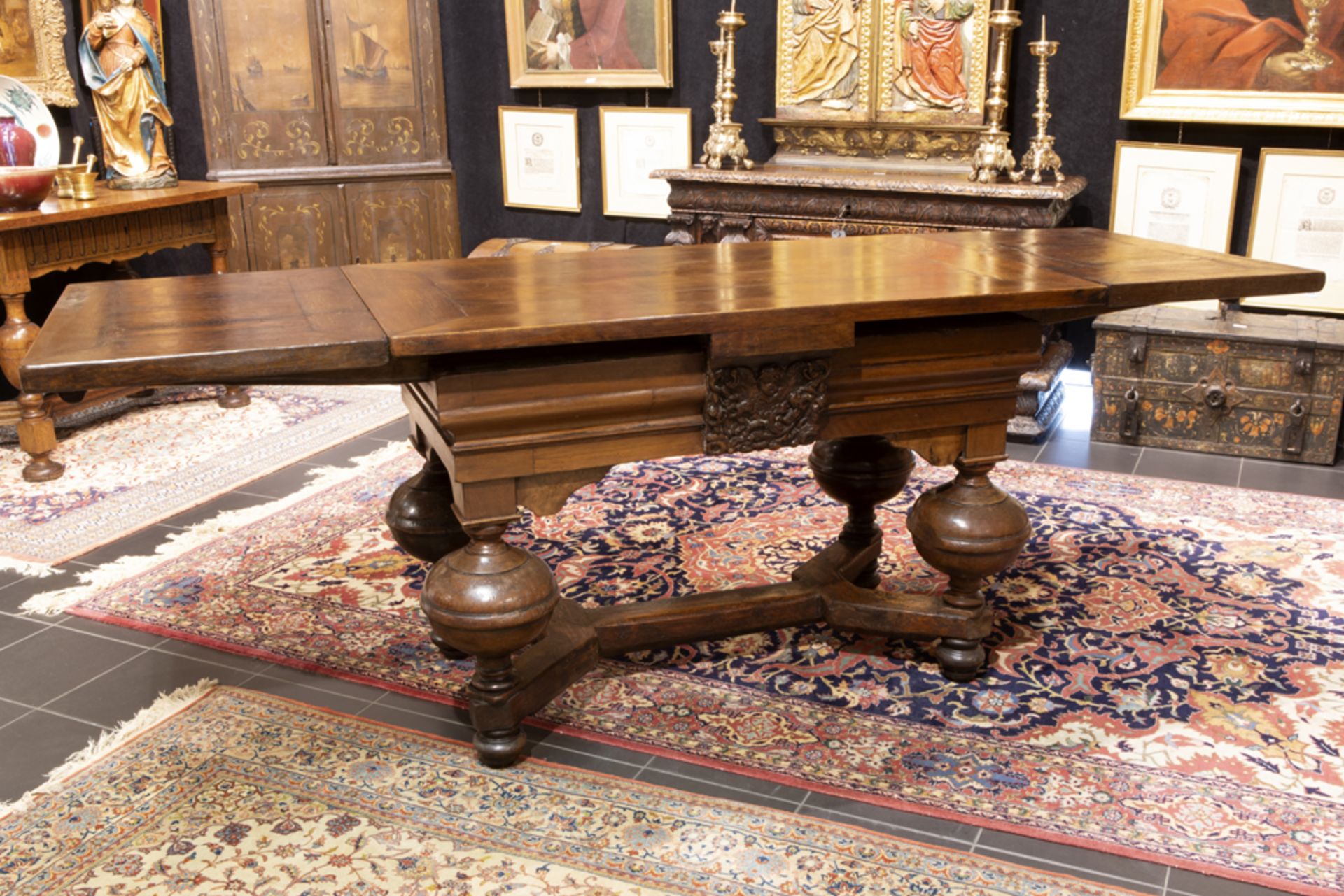 very good 17th Cent. Low Countries oak table with typical feet and with on both sides a walnut bas- - Image 2 of 3