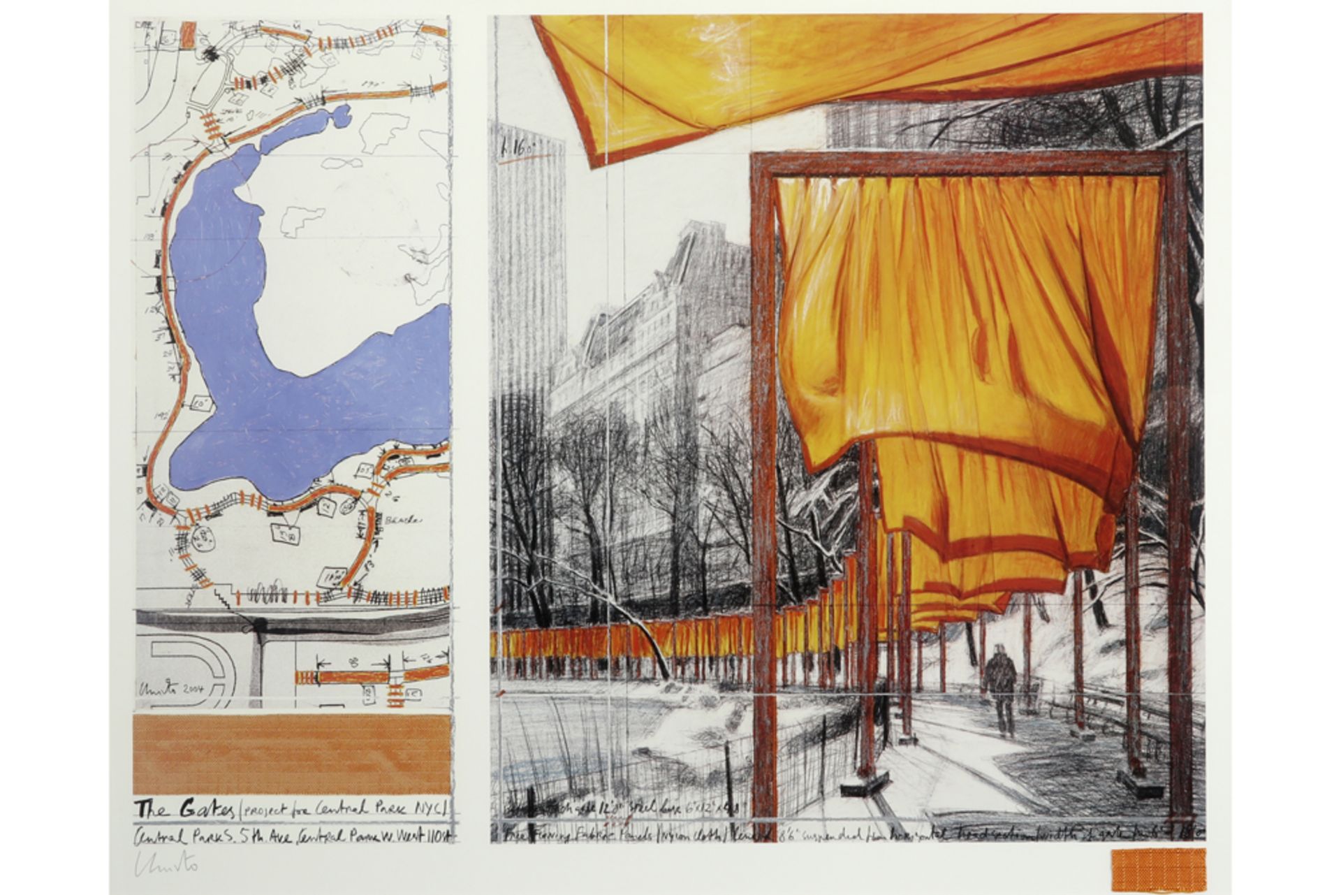 Christo signed offset print with a piece of fabric from the project "The Gates" in Central Park,