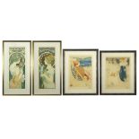 four prints, two with a work by Toulouse-Lautrec en two by Mucha||Vier prints (museumuitgaves),