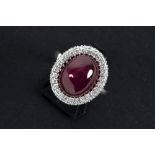 handmade ring in white gold (18 carat) with a treated cabochon cut ruby of more than 14 carat
