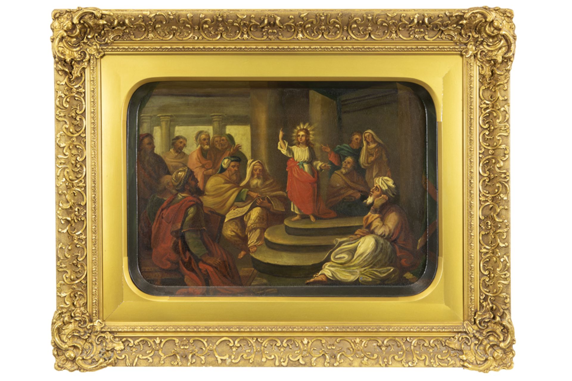 19th Century brass tray with a painting from Jesus in the temple||Negentiende eeuws ingekaderd - Image 2 of 3