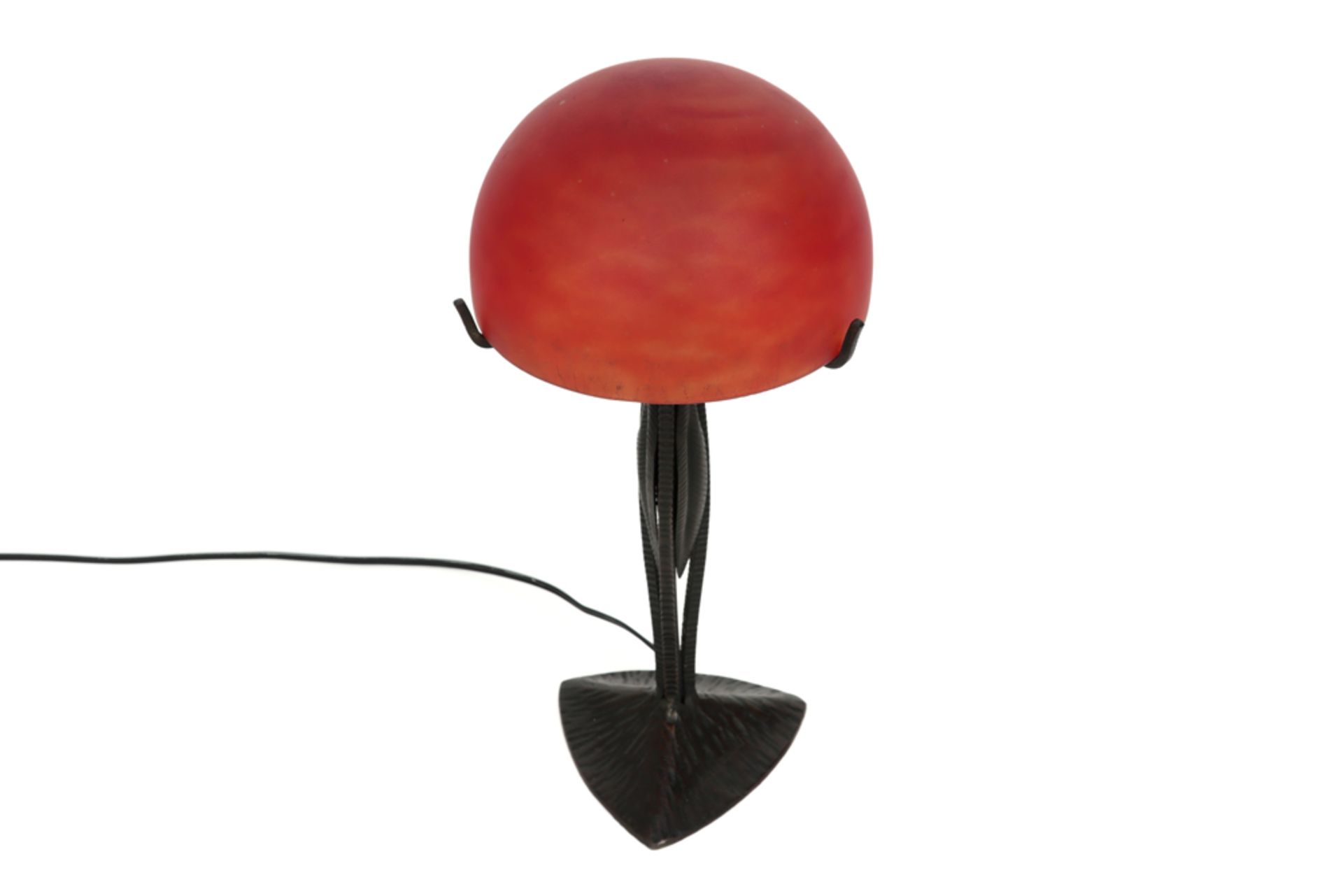 Le Fer forgé H.F. marked Art Deco lamp in wrought iron and with red glass shade - Image 2 of 3