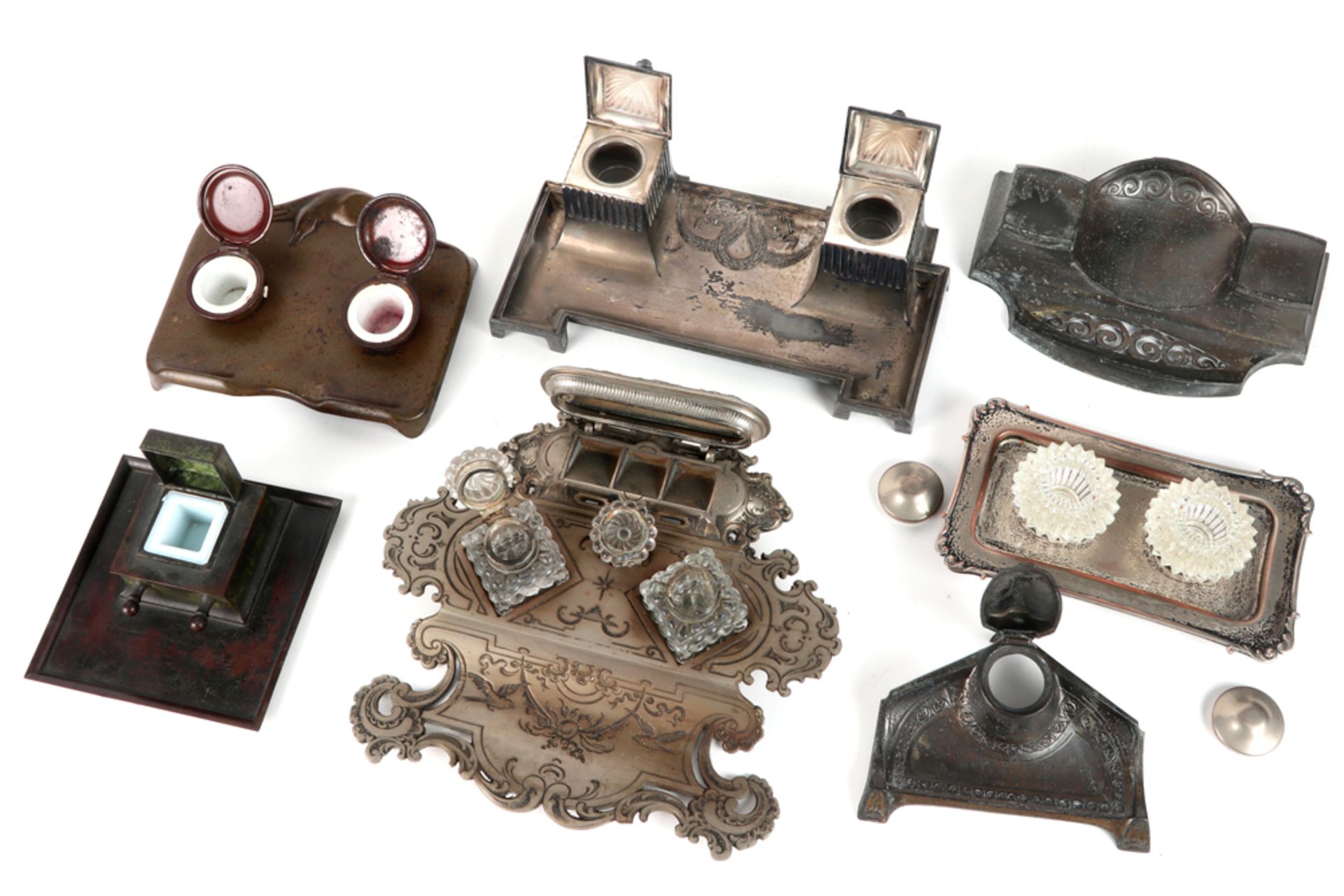 seven antique and old inkstands with a metal mounting - Image 2 of 2