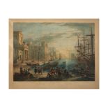 handcoloured engraving by Le Bas after a work by Clauce Lorrain with a view of the old Messina port