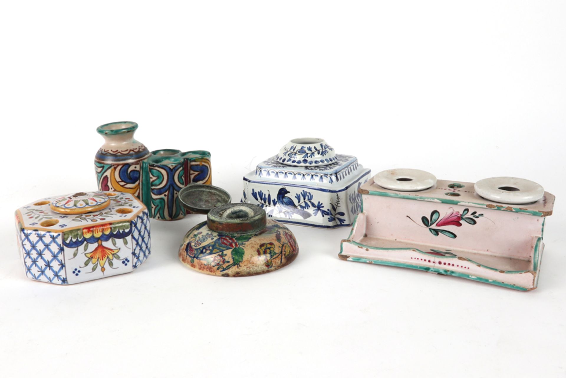 a Middle Eastern, ceramic inkwell and four antique French ceramic inkwells, each with a polychrome d - Image 2 of 2