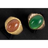 two ring in yellow gold (18 carat) each with a cabochon (chrysofaze and tiger eye)