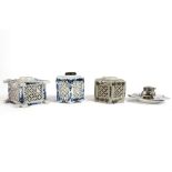 four Japanese inkstands in porcelain amonst which a celadon one and two with blue-white decor