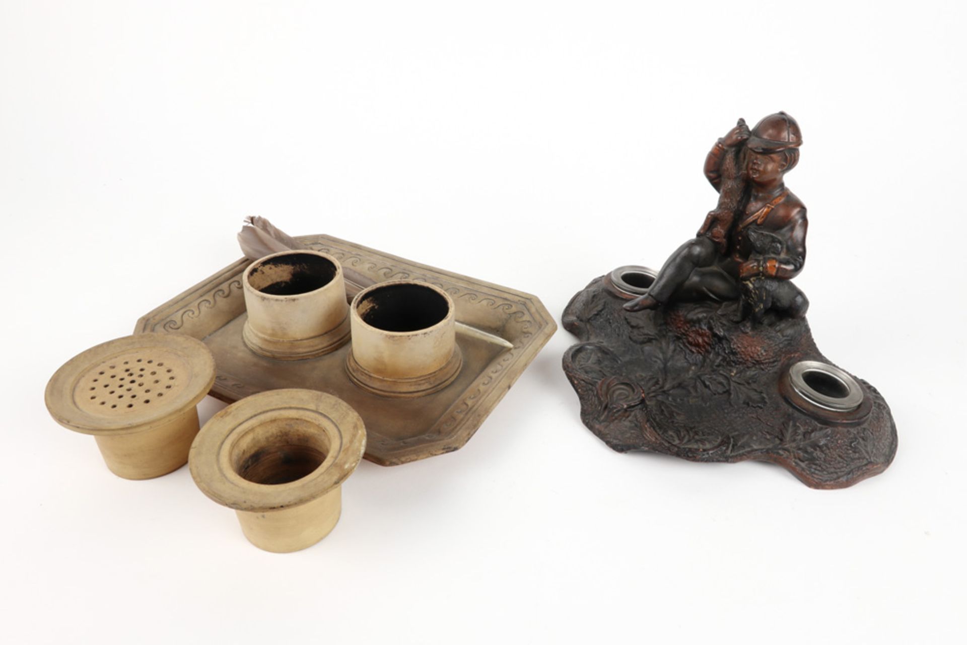two antique ceramic inkstands, one probably English (with two wells) and one with a boy - Image 2 of 2
