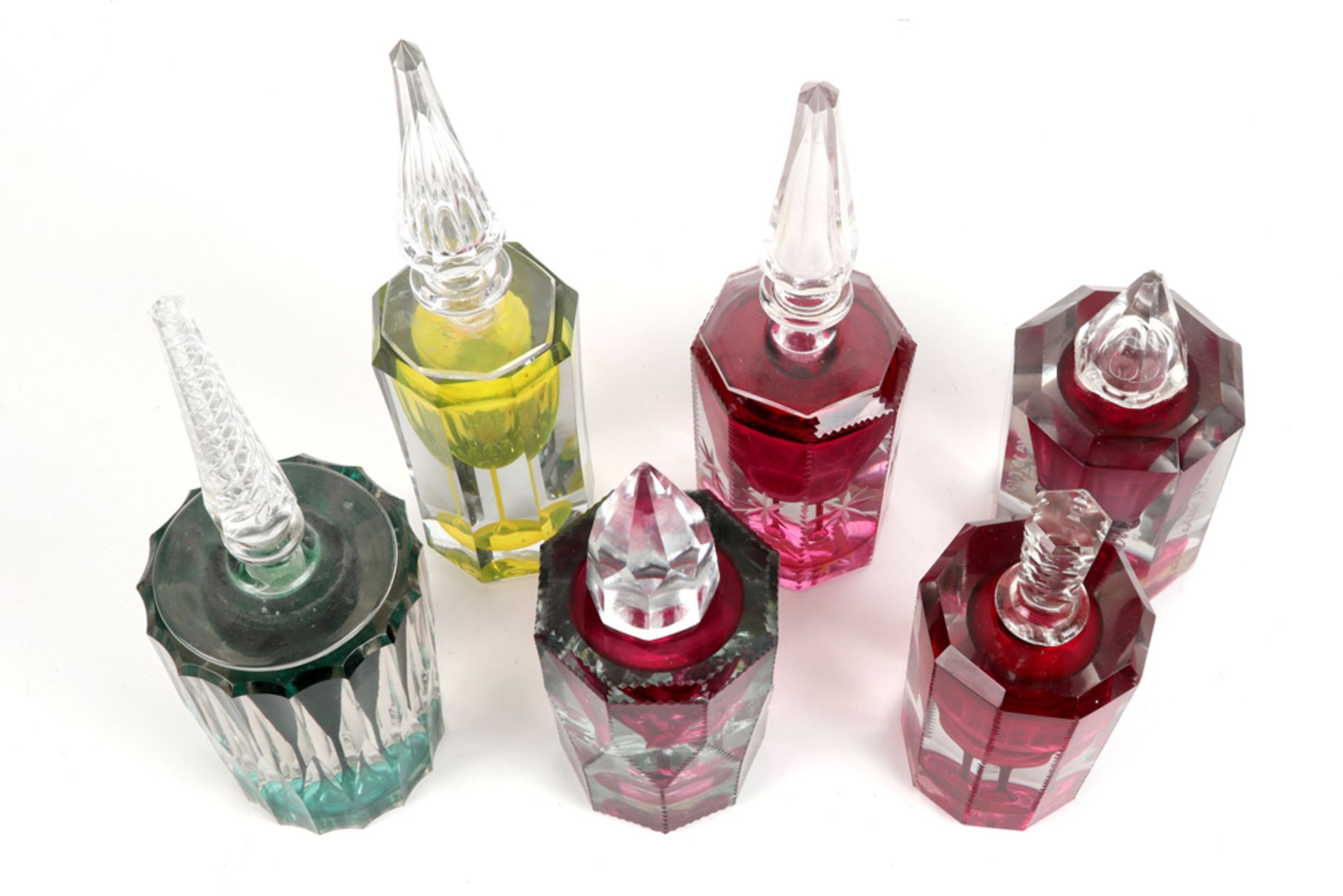 six 19th and 20th Cent. ink bottles in (crystal)glass with inlaid color - Image 2 of 3