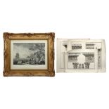 antique framed engraving and several antique prints concerning architecture