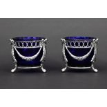 pair of small antique (table) jardiniers in blue glass and marked silver with an A.S. monogram