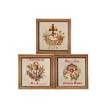 three framed 'antique' embroideries with religious themes