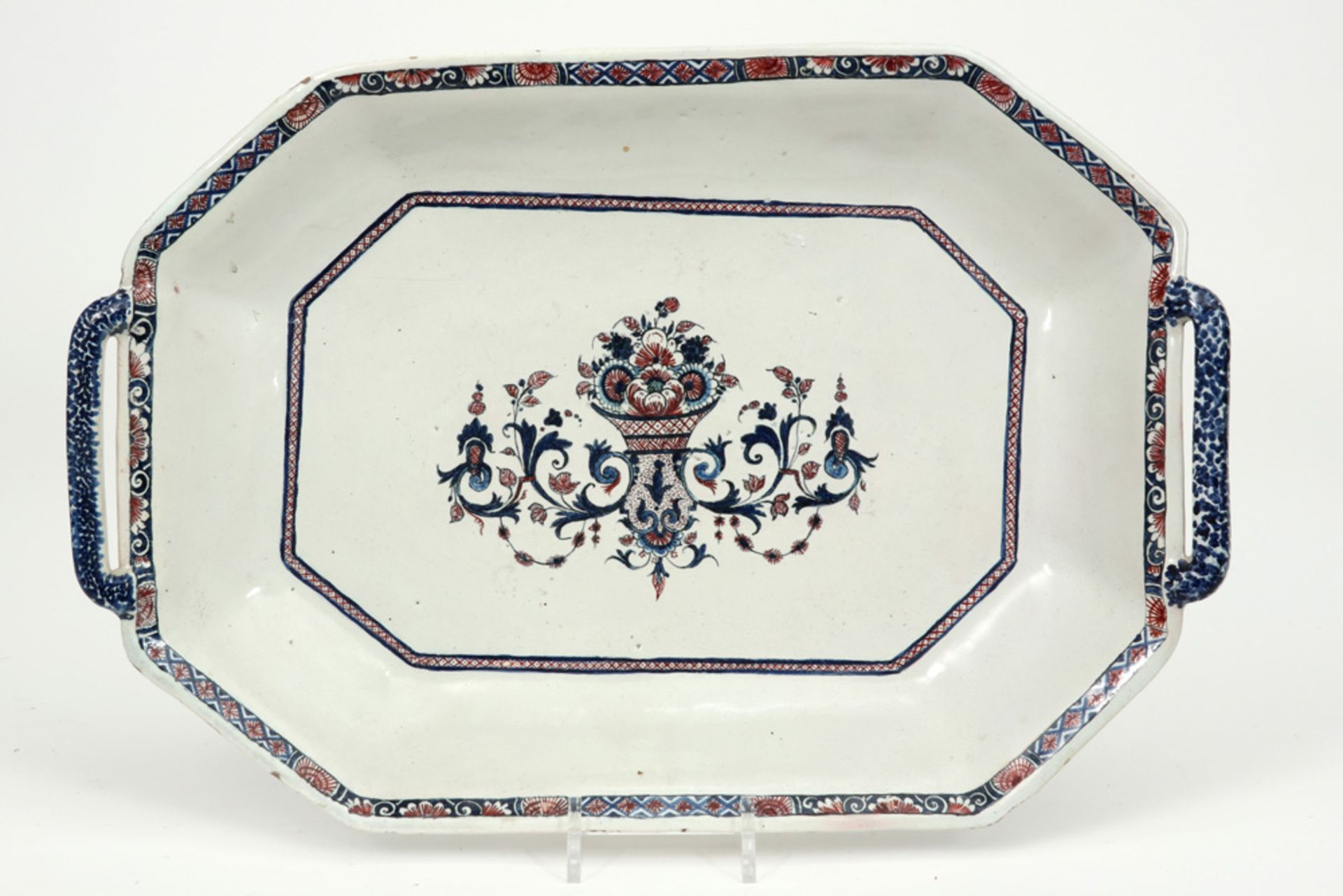 18th Cent. French bread "banette" dish in ceramic from Rouen with a polychrome decor