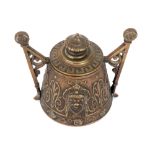 antique inkwell with two handles in bronze with a neoclassical decor with masks
