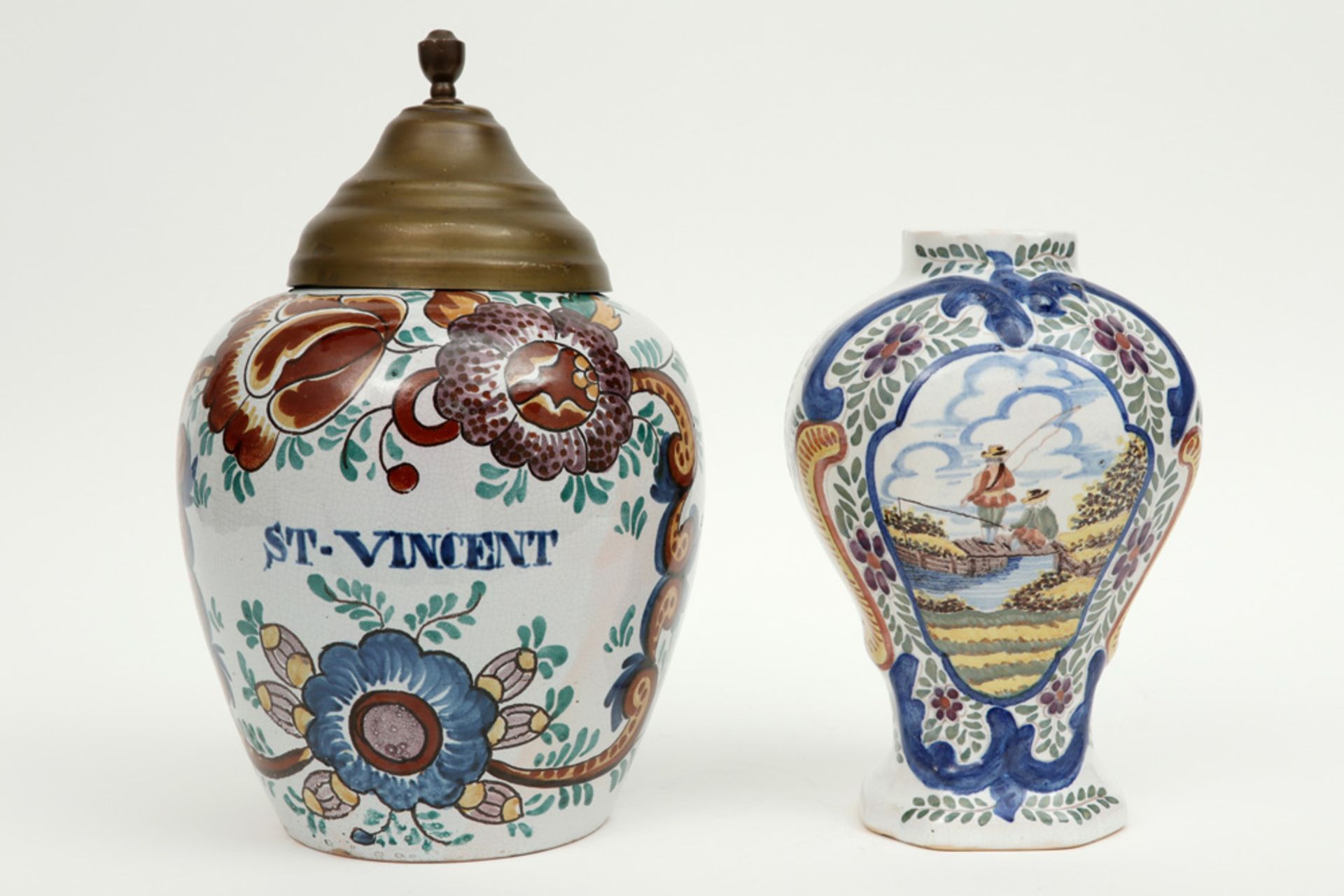 vase and tobacco jar in marked ceramic from Delft with a polychrome decor