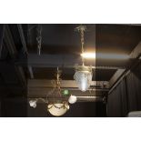 two 'antique' chandeliers with shades in satinated glass