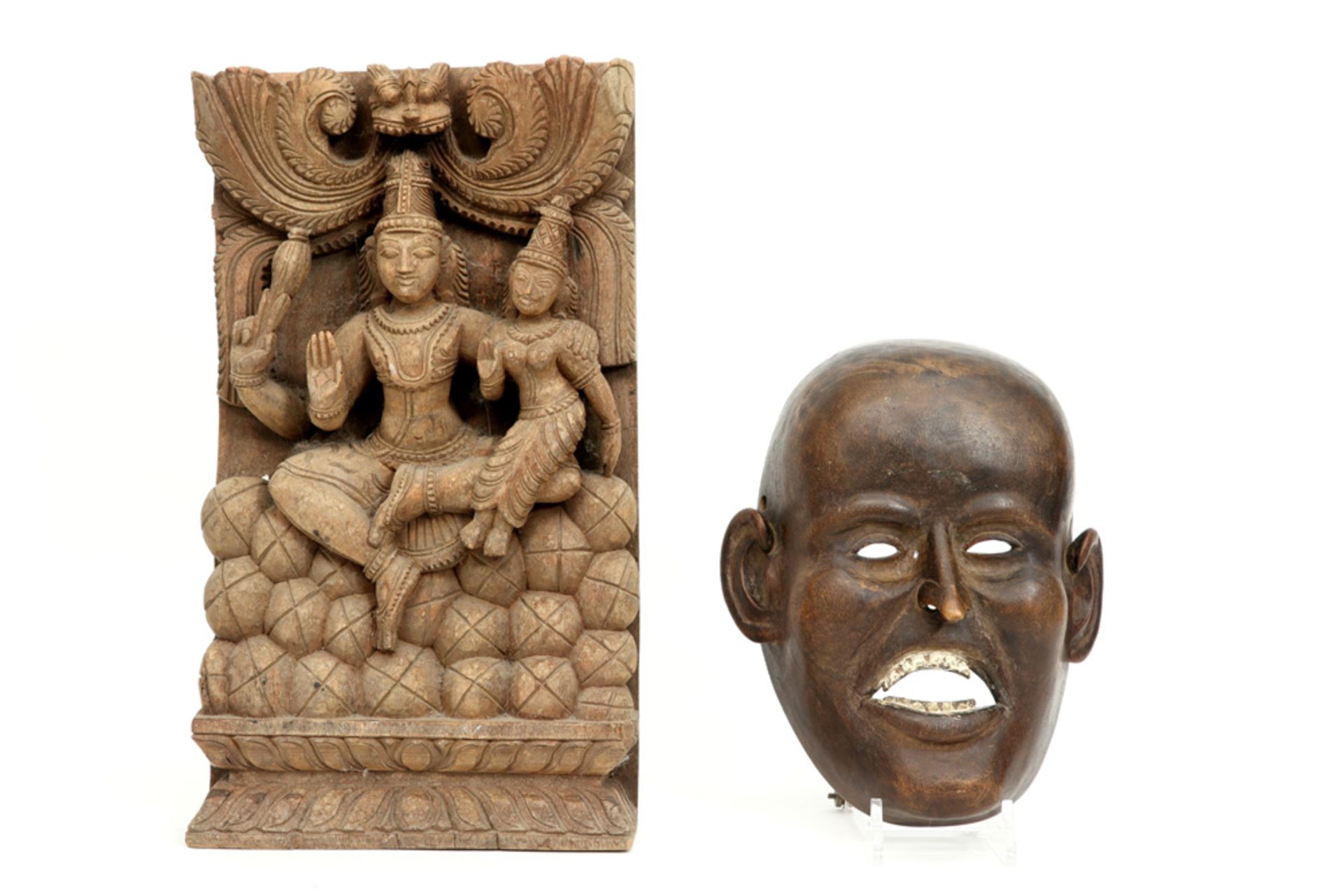 Japanese mask and Indian sculpture in wood