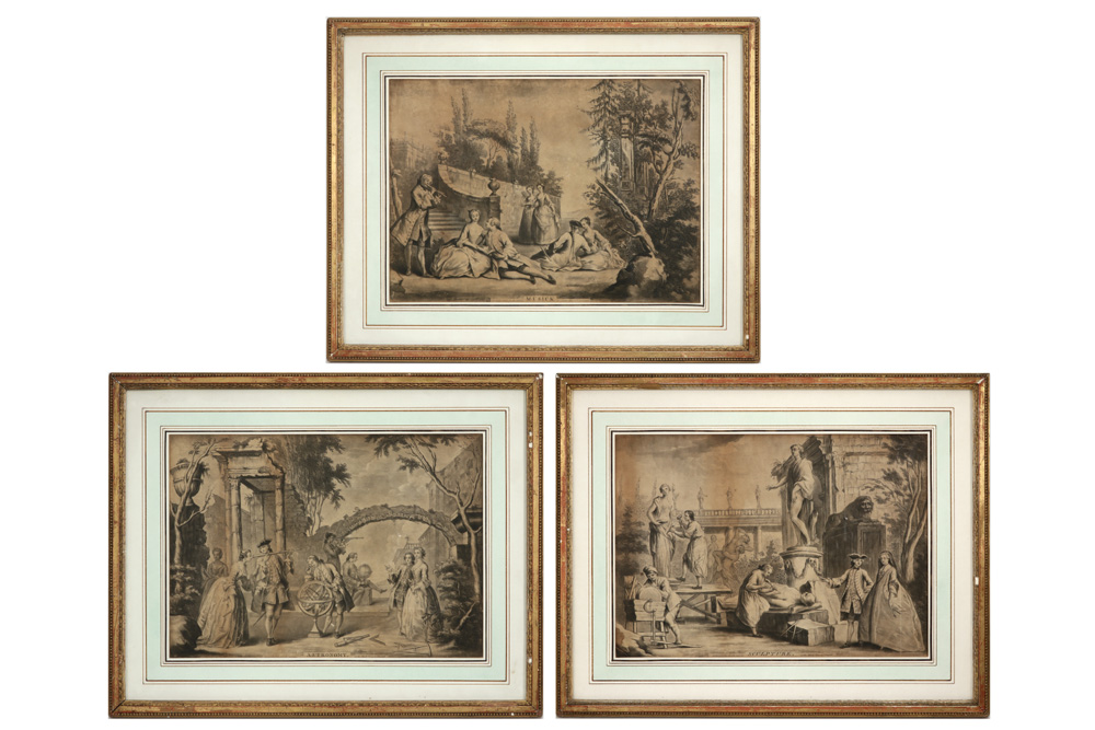 three antique prints with allegoric themes