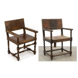 two antique Renaissance revival armchairs in oak and leather