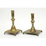 two 17th Cent. Spanish brass candlesticks on a square base