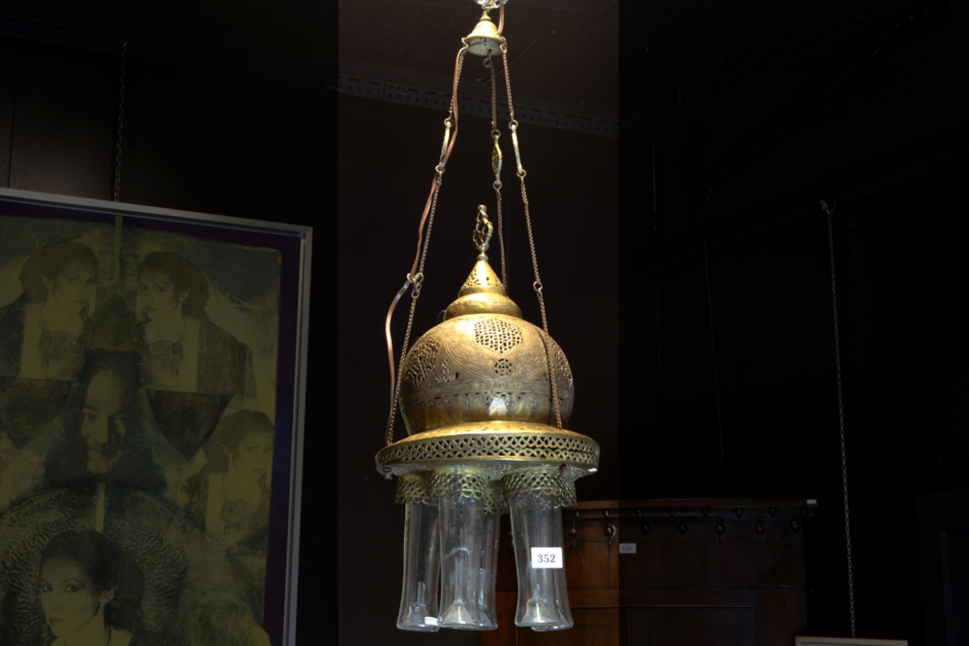 Arabic - presumably Moroccan- lamp in brass with five glass oillamps