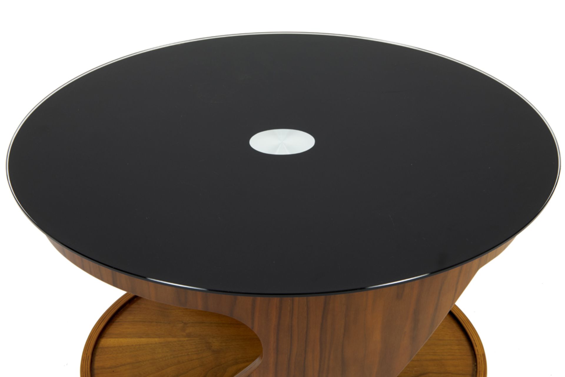 oval Jual Furnishings Wells occasional design table in walnut with top in black glass - Image 3 of 3