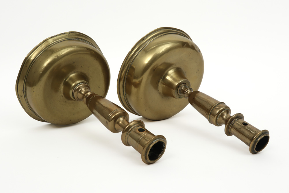 two 17th Cent. Spanish brass candlesticks on a round base - Image 2 of 3