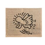 Keith Haring signed and (19)84 dated "Radiant Kid" drawing on a page of the New York Post dd 18/4/84