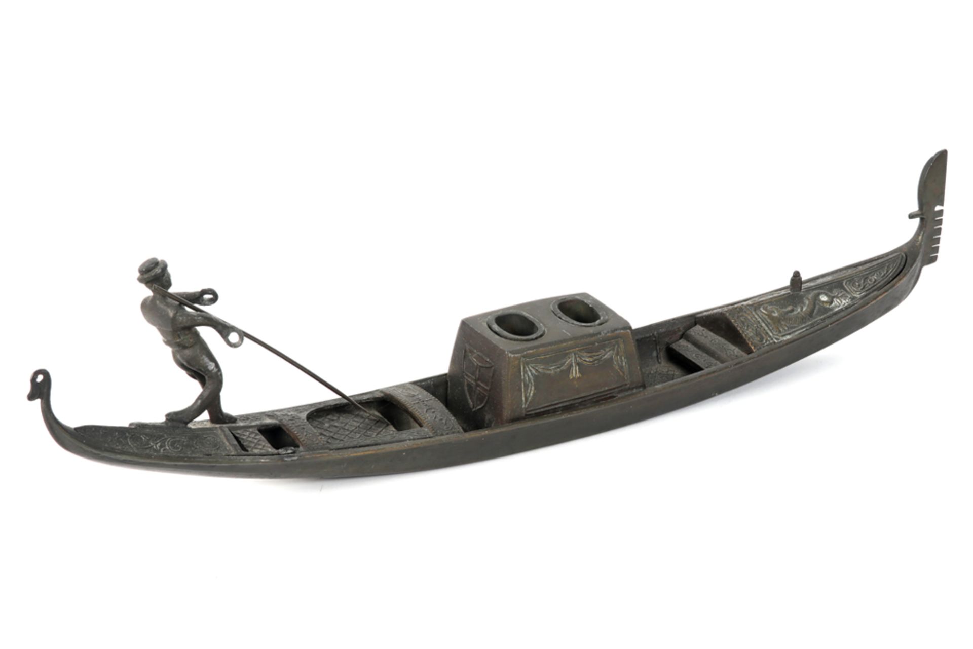 quite large probably Italian metal ink-stand depicting a Venetian gondola with its gondelier - Image 2 of 2