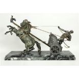 very decorative French sculpture from around 1920 in metal with green and silver patina on a green m
