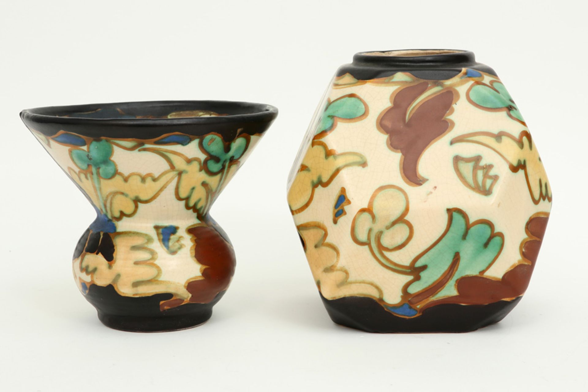 two Belgian Art Deco vases in marked ceramic with a polychrome vegetal decor - Image 2 of 6