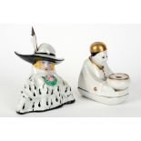 two Art Deco inkwell in French porcelain depicting a lady with flowers and a Pierrot